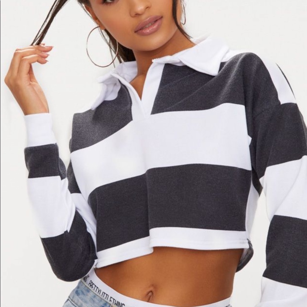 Black Stripe Collar Polo Crop Top